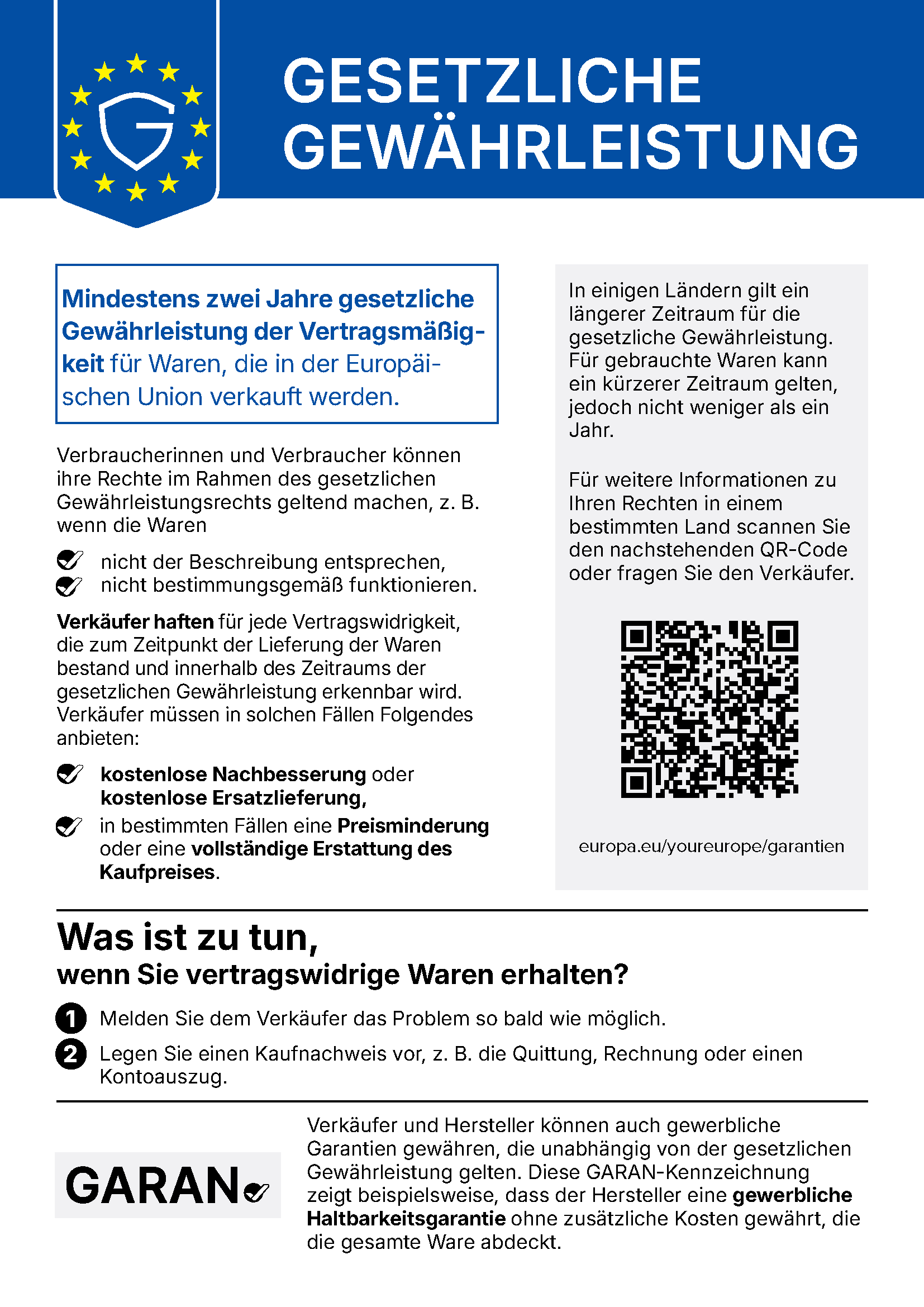 EU Gewährleistungslabel auf Deutsch